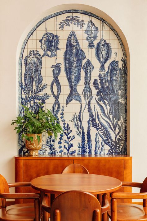 Rosamar: A Seafood Restaurant in Lisbon with Retro Seaside Style - Remodelista Korean House, Mosaic Floor Tile, Seaside Style, Tile Wall, Painted Paneling, Seafood Restaurant, Interior Design Firms, Casas De Ensueño, Interior Design Studio