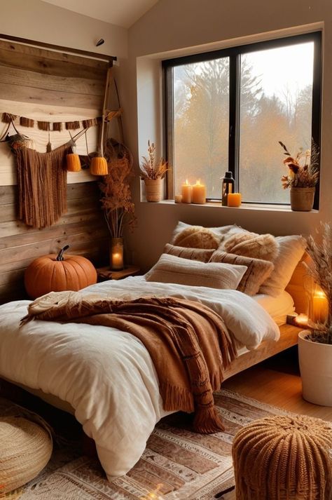 Discover 30 cozy fall bedroom decor ideas, including autumn-themed art and rugs, for a warm and inviting autumn sanctuary. Bedroom With Burnt Orange Accents, Orange And Brown Bedroom Ideas, Orange Accent Wall Bedroom, Burnt Orange Bedroom Ideas, Fall Bed, Burnt Orange Bedroom, Layered Textiles, Seasonal Room, Blue Bedrooms