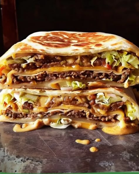 homemade Big Mac Crunchwrap Big Mac Blackstone, Big Mac Crunchwrap, Big Mac Crunch Wrap Recipe, Big Mac Pizza Recipes, Hamburger Crunch Wrap, Big Mac Wrap Recipe, Big Mac Crunch Wrap, Big Mac Wrap, Big Mac Pizza