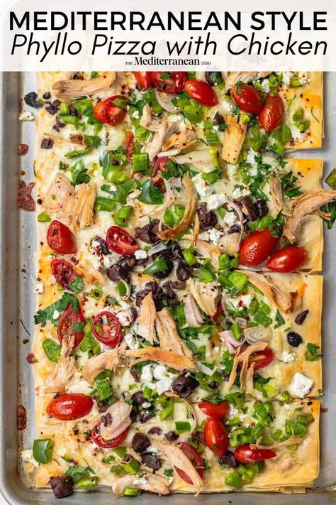 Flaky phyllo topped with bright vegetables, fresh herbs, and chicken make this easy phyllo dough pizza in minutes! Best crispy pizza crust! Phyllo Dough Pizza, Spinach Recipes Healthy, Mediterranean Pizza, Mediterranean Appetizers, Phyllo Dough Recipes, Phyllo Recipes, Crispy Pizza Crust, Dough Pizza, Greek Chicken Recipes