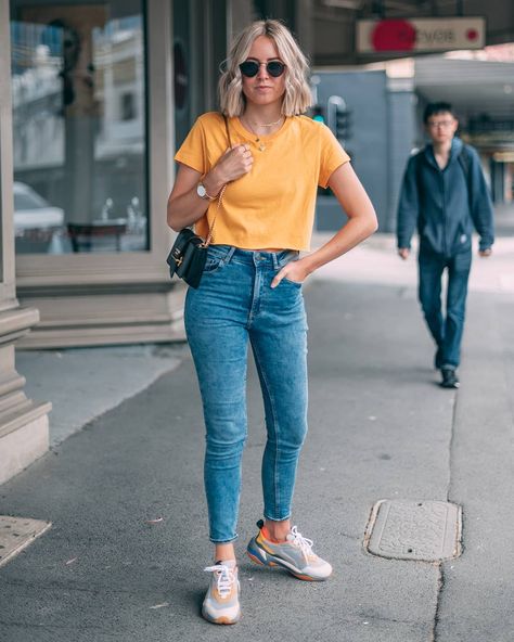 Photobombed! Full look via @theiconicau, tap for brands 💫  I was wondering, what would it feel like when you’re casually scrolling through… Yellow Tshirt Outfits Women, Yellow Tshirt Outfits, Tshirt Outfits Women, University Outfit Ideas, Teenage Fashion Dresses, Looks Hip Hop, Yellow Tshirt, Stylish Spring Outfit, Double Denim Looks