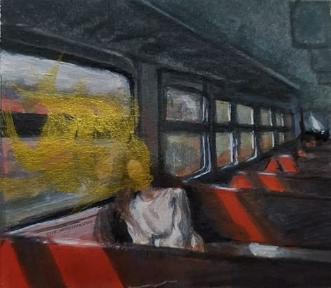 Woman On Train Painting, Bus Drawing Sketch, Bus Aesthetics, 2004 Aesthetic, Melinda Sordino, Painting On Canvas Easy, Speak 2004, Window Sketch, Bangla Calligraphy