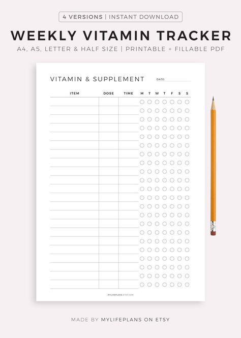 Weekly Vitamin Tracker Printable, Supplement Medication Tracker Printables Free, Medication Planner, Vitamin Tracker, Planning Sport, Medication Tracker Printable, Priority Planner, Medication List, Daily Vitamin, Printable Shopping List