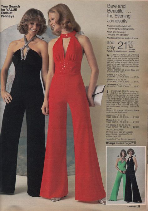 Jumpsuit - It is a garment that includes pants and a top all in one connected outfit. It is a unisex garment. It became very popular during the 70s. Look Disco, 70s Fashion Disco, 70s Jumpsuit, Outfit Essentials, 1970s Women, Disco Fashion, 60s 70s Fashion, 70s Women, 70s Inspired Fashion