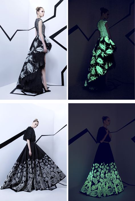 Fall/Winter Couture 2015 – Rami Kadi’s Glow in the Dark Insect Dresses Glow In The Dark Fashion, Black Light Fashion, Insect Clothes, Glow In The Dark Outfits, Glow In The Dark Clothes, Glow In The Dark Dress, Glowing Dress, Insect Fashion, Insect Dress