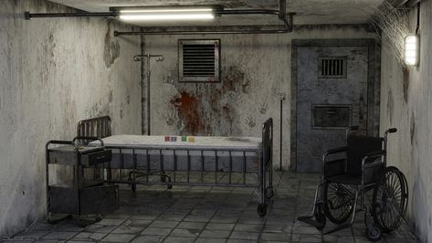 Haunted Hospital - Blender 3D model, Duster on ArtStation at https://www.artstation.com/artwork/r9xnoL Abandoned Hospital Room, Silent Hill Hospital, Scary Hospital Room, Creepy Hospital, Scary Room, Horror Hospital, Haunted Asylum, Rh Dorm, Haunted Hospital