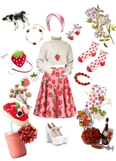 Fruit Themed Outfits Aesthetic, Cute Strawberry Outfit, Strawberrycore Outfits, Strawberry Aesthetic Outfit, Strawberrycore Aesthetic, Lovecore Aesthetic Outfit, Strawberry Fashion, Strawberry Clothing, Strawberry Shortcake Outfits