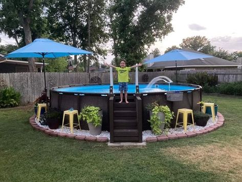 Pergola Over Above Ground Pool, Fencing Around Above Ground Pool, Pool Hang Out Ideas, Above Ground Pool No Deck, Above Ground Pool Plants, Diy Outdoor Pool Area, Inexpensive Above Ground Pool Ideas, Backyard Landscaping Designs Above Ground Pool, Backyard Pool Designs Above Ground