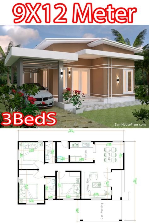 Simple House With Garage, House Plans With Dimensions, Small House With Garage, Small House Tips, House Without Garage, House With Garage, Bungalow House Floor Plans, Beech Forest, House Dimensions