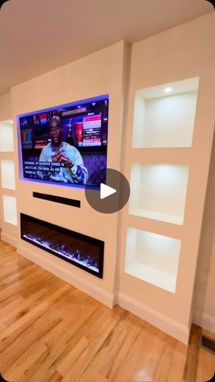 How To Build Fireplace Tv Wall, Basement Tv Wall Ideas, Diy Fireplace Tv Wall, Tv Wall With Fireplace, Shelves Around Tv, Tv Fireplace, Tv Over Fireplace, Recessed Electric Fireplace, Floating Entertainment Center