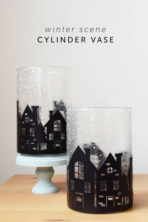 Create this unique vase decor with a silhouette winter scene! Perfect for a holiday mantel or for gifting along with some baked goods. via @modpodgerocks Cylinder Vase Decor, Mod Podge Crafts, Crafts For Teens To Make, Holiday Mantel, Christmas Crafts For Adults, Winter Szenen, Diy Crafts For Adults, Christmas Candle Holders, Cylinder Vase