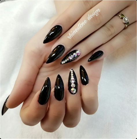 Black Nails With Jewels Rhinestones, Dark Wedding Nails For Bride, Black Nails With Jewels, Nails With Jewels Rhinestones, Dark Wedding Nails, Raider Nails, Raiders Nails, Nails With Jewels, Gothic Wedding Theme