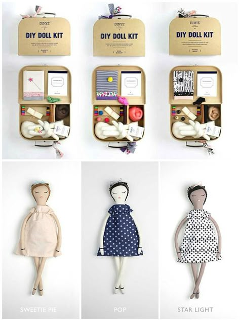 Handmade Doll Kits with a Social Mission. For each doll purchased, one is donated. By Dumyé Diy Doll Kit, Doll Packaging, Kit Packaging, Fabric Crafts Diy, Cloth Dolls Handmade, Doll Design, Homemade Toys, Easter Gifts For Kids, Craft Kits For Kids