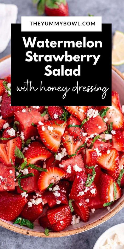 Watermelon Strawberry Salad, Strawberry Feta, Watermelon Salad Recipes, Honey Dressing, Watermelon Strawberry, Fresh Salad Recipes, Watermelon And Feta, Juicy Watermelon, Lake Food Ideas