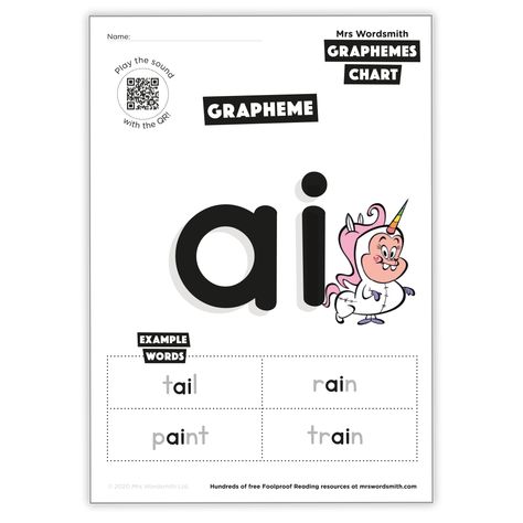 A grapheme is a letter or group of letters that corresponds to a single phoneme (the smallest unit of sound). Download our chart for grapheme ai! Print out the chart or display it on a screen. The graphemes have been grouped by sound. Focus on one grapheme at a time. Sound out each example word, highlighting how different graphemes can make the same sound. Phonics Worksheets, Reading Resources, Student Engagement, Worksheets For Kids, Free Resources, A Letter, Phonics, Family Tree, For Kids