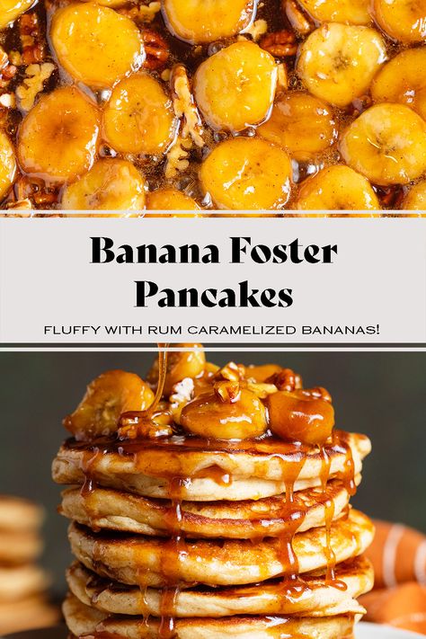 These Banana Foster Pancakes are extra fluffy, gluten-free, and topped with caramelized bananas with rum and pecans. The batter is made with buttermilk which makes it light, soft, and extra fluffy. Serve them for breakfast, brunch, or even dessert! Butter Rum Sauce, Banana Foster Pancakes, Pecan Pancakes, Banana Foster, Rum Sauce, Greek Yogurt Pancakes, Butter Rum, Fluffy Light, Caramelized Bananas