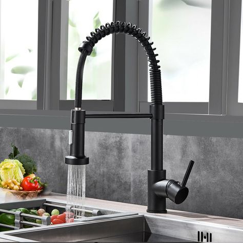 The pull-down, dual action spray head on the Pull-Down Spray Black Kitchen Faucet allow is just what you're looking for in a functional kitchen faucet. The dual-functionality allows for your choice of aerated flow or powerful spray for all your modern kitchen needs. The 360° swivel spout, can be extended, for extra maneuverability and ease of use. It's the best choice for your home. Belfry Kitchen Kitchen Faucet Black Matte, Kitchen Sink Taps Modern, Kitchen Tap Ideas, Kitchen Taps Modern, Black Farmhouse Kitchen, Kitchen Taps And Sinks, All Black Kitchen, Wet Bar Sink, Black Kitchen Taps