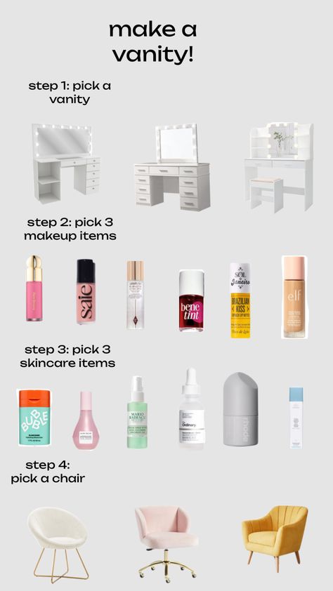 make a vanity! remix this to do it :) #vanity #preppy #skincare #makeup Make Your Own Vanity, Make A Vanity, Vanity Essentials, Preppy Skincare, Make Your Own Makeup, Preppy Vibes, Sephora Skin Care, Makeup Desk, Basic Skin Care Routine