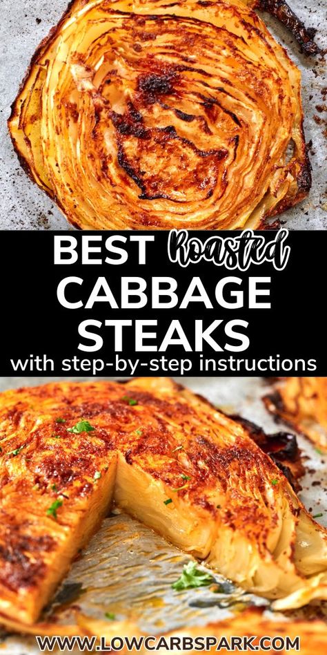 Learn how to make the best roasted cabbage steaks recipe that's perfectly caramelized on the edges and extremely delicious. Ready in less than 40 minutes, this cabbage recipe is a delicious side dish that pairs perfectly with any of your favorite proteins or is as simple as it is for a light lunch recipe. Vegan Cabbage Steaks Recipe, Roasted Cabbage Slices, Sliced Cabbage Recipe, Small Cabbage Recipes, Cabbage And Greens Recipes, What To Make With A Head Of Cabbage, Best Cooked Cabbage Recipe, Cabbage Recipe Roasted, Cabbage Side Recipes