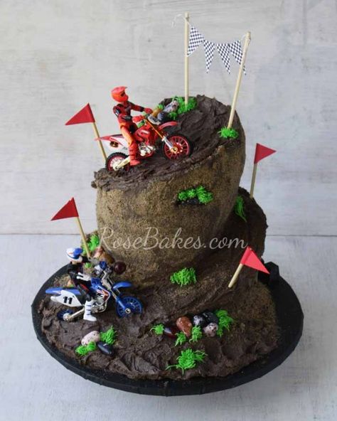 Dirt Bike Racing Cake. See lots of pics and how I carved the cake to get this wonky shaped Dirt Bike Racing Cake. Motocross Cake, Bolo Motocross, Dirt Bike Cake, Motorcycle Birthday Cakes, Motorbike Cake, Racing Cake, Bike Cake, Dirt Bike Party, Motorcycle Cake