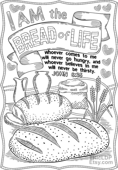 Scripture Coloring Sheets, The Book Of John, John 6 35, Sunday School Coloring Pages, Bible Verse Coloring Page, Coloring Pages For Grown Ups, Scripture Coloring, Bible Verse Coloring, School Coloring Pages