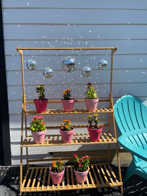 Girly Outdoor Decor, Flowers And Disco Ball Party, Plants In Pots Aesthetic, Disco Ball Kitchen, Disco Ball Suncatcher, Disco Ball Bedroom Decor, Disco Ball Outdoor, Disco Nursery, Diy Disco Ball Decor