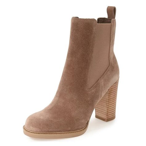 Brown Women's Booties Stacked Heel Chelsea Boots with Pull Tab | FSJ Shoes Heel Chelsea Boots, Chelsea Boots Style, Brown Heeled Boots, Chunky Heel Boots, Women's Booties, Heeled Chelsea Boots, Brown Chelsea Boots, Suede Chelsea Boots, Chunky Heels Boots