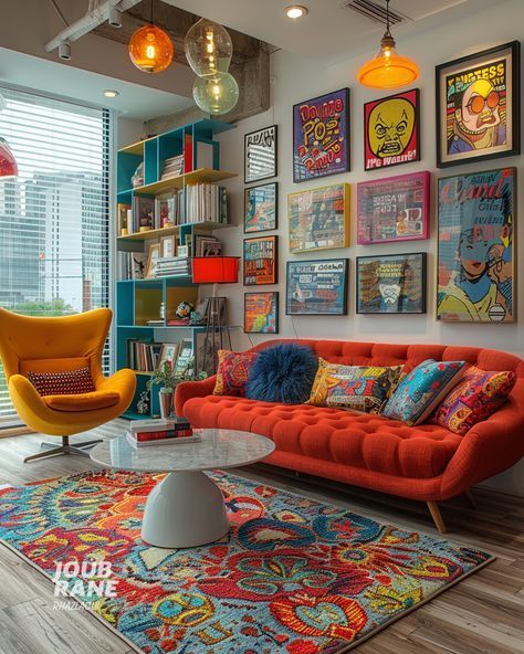 Funky Rug Living Room, Pop Culture Apartment, Black Colorful Living Room, Funky Small Living Room, Modern Pop Living Room, Electric Style Living Room, Cozy Funky Living Room, Pop Art Living Room Ideas, Artist Living Room Inspiration