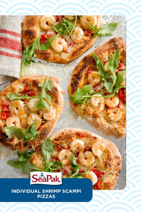 Garlicky Shrimp, Store Bought Pizza Dough, Individual Pizzas, Individual Pies, Shrimp Scampi Recipe, Scampi Recipe, Easy Seafood, Pie Tops, Easy Seafood Recipes