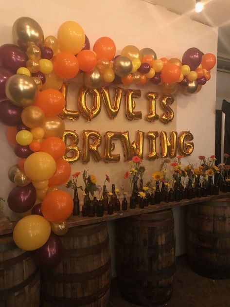 Beer wedding Couples Wedding Shower Themes Fall, Brewery Wedding Decor Ideas, Brewery Themed Engagement Party, Engagement Party Brewery Ideas, Brewery Bachelorette Party Ideas, Wedding Shower At Brewery, Rehearsal Dinner At Brewery, Brewery Party Ideas, Brewery Bridal Shower Decorations