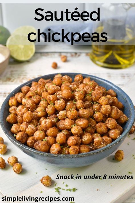 sautéed and seasoned chickpeas in a bowl Air Fried Chickpeas, Air Fryer Chickpeas, Fried Chickpeas, Vegan Crab, Chickpea Snacks, Healthy Air Fryer, Vegan Party Food, Light Appetizers, Chickpea Recipes