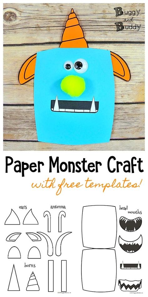 Easy Paper Monster Craft for Kids: Use our free monster PDF printable templates to create all kinds of unique monsters. Children can mix and match the monster pieces to create all kinds of funny and cute monsters. Use them as a writing prompt or for Halloween decorations! #monsters #monstercraft #freeprintables #craftsforkids Paper Monster Crafts For Kids, Paper Plate Monsters, I Need My Monster Craft, Easy Monster Crafts For Kids, M Is For Monster Craft, How To Catch A Monster Activities, Monster Crafts For Toddlers, Monster Art Projects For Kids, Make A Monster Craft