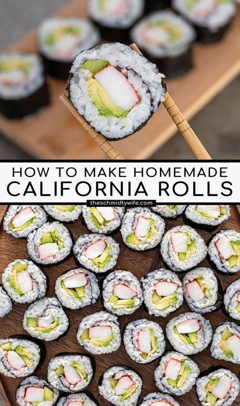 Dive into the art of sushi-making with The Schmidty Wife's easy-to-follow guide on crafting your own California sushi rolls at home. Perfect for beginners and seasoned chefs alike, this step-by-step tutorial will have you rolling like a pro in no time. Learn the secrets to achieving that perfect balance of creamy avocado, crisp cucumber, and succulent crab, all wrapped in a delicate layer of rice and seaweed. Impress your friends and family with this delicious homemade treat that's both fun to make and delightful to eat. Homemade California Rolls, California Sushi Rolls, Sushi Rolls At Home, Crab Avocado, California Roll Sushi, California Rolls, Low Salt Diet, California Roll, How To Make Sushi