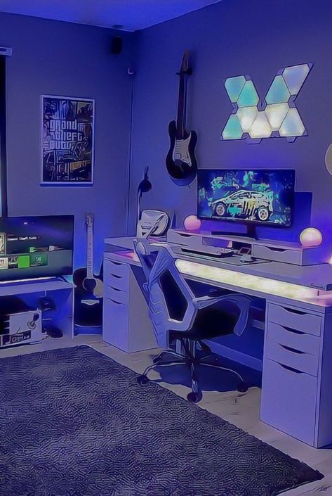 Gamer Boy Room Ideas, Gamer Bedroom Ideas, Gaming Setup Bedroom, Gaming Computer Room, Contemporary Mountain Home, Games Room Inspiration, Work Setup, Gamer Bedroom, Boys Bedroom Makeover