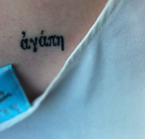 Agape in Greek. Definition: Agape is selfless, sacrificial, unconditional love, the highest of the four types of love in the Bible. Tattoo on the base of neck/upper back. Love In The Bible, Agape Tattoo, 25 Tattoo, Greek Definition, Bible Tattoo, Greek Font, Types Of Love, Bible Love, Bible Words