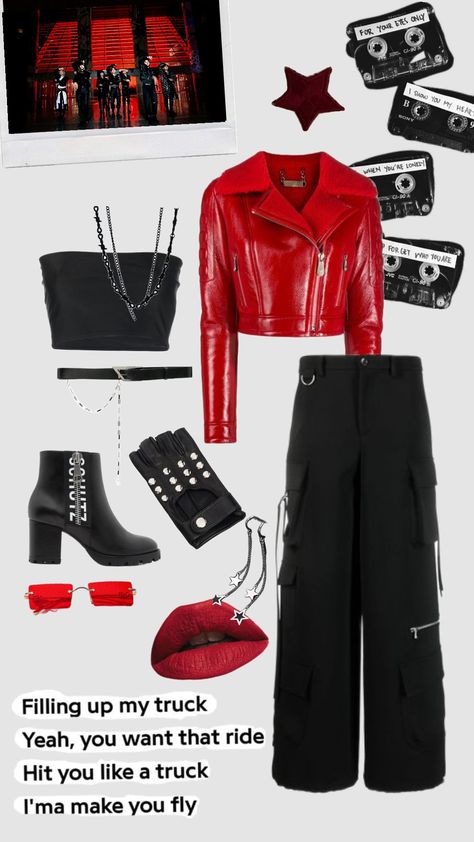 ChkChkBoom inspo #straykids #skz #outfit #fashion Chk Chk Boom Outfit, Hyunjin Chk Chk Boom Outfit, Red And Black Concert Outfit, Skz Concert Outfit Ideas, Straykids Concert Outfit, Skz Fits, Kpop Inspired Outfits, Straykids Concert, Skz Outfits