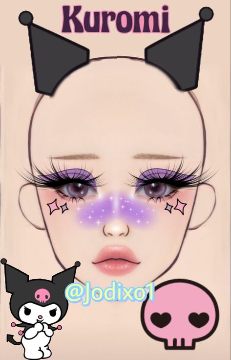 #kuromi #makeup #facechart How To Make Kuromi Ears, Cat Makeup Ideas Halloween, Kuromi Costume Ideas, Makeup Ideas Cosplay, Kuromi Inspired Makeup, My Melody Makeup Look, Sanrio Makeup Look, Hello Kitty Makeup Look, My Melody Makeup