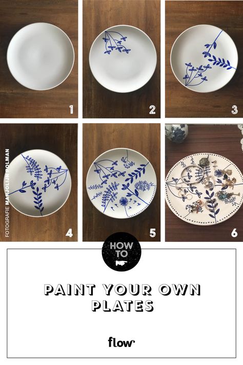 In a creative mood? You can paint your own plates with this simple DIY | Flow Magazine How To Paint Plates Diy, Painting Porcelain Plates Diy, Paint On A Plate Diy Crafts, Hand Painted Plates Diy, Diy Porcelain Plate Art, Painted Ceramic Plates Modern, Flow Magazine, Painted Ceramic Plates, Secret Garden Wedding