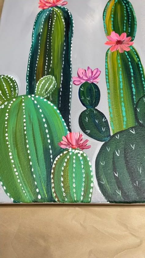 Arizona Acrylic Painting, Cactus Chalk Art, Cactus Mural Painting, Paint With A Twist Ideas, Cactus Painting Acrylic, Cacti Paintings Acrylic, Hexagon Painting, Cactus Flower Painting, Virtual Tip Jar