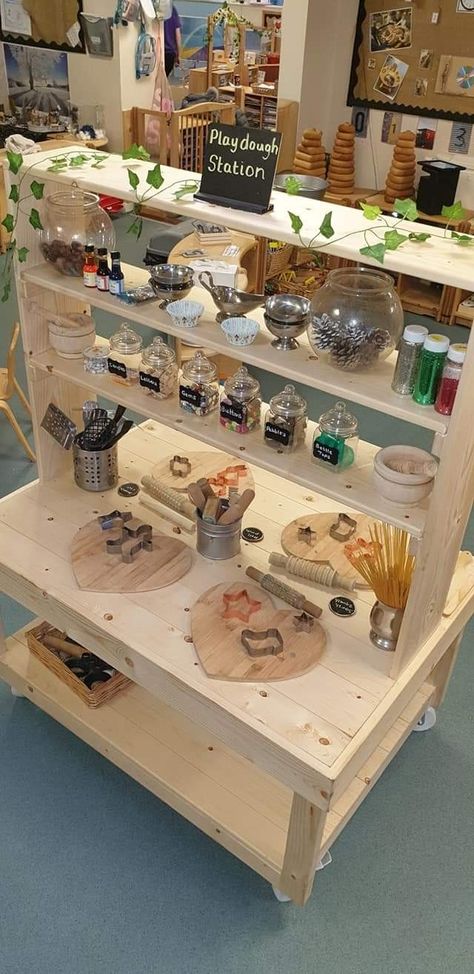 Playdough Area Ideas Eyfs, Reggio Inspired Classrooms Art Area, Early Years Playdough Area, Loose Parts Classroom Set Up, Reggio Inspired Daycare, Reggio Emilia Kindergarten Classroom, Playdough Provocations Reggio, Play Based Learning Classroom, Reggio Inspired Writing Area