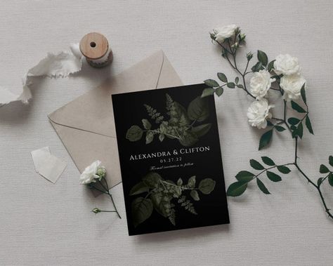 Moody Black Wedding, Moody Floral Wedding, Dark Green Wedding, Floral Wedding Favors, Jewel Tone Wedding, Green Wedding Colors, Save The Date Designs, Floral Save The Dates, Save The Date Template