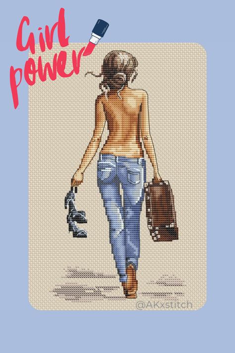 Girl From Behind, Cross Stitch Woman, Woman Cross Stitch, Stitch Jeans, I'm Leaving, Chart Design, Simple Cross Stitch, Modern Cross Stitch Patterns, Back Stitch