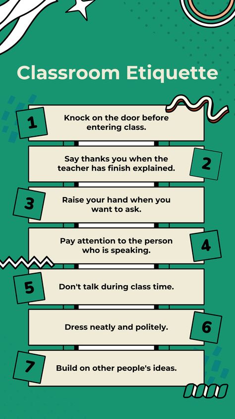 Mastering Etiquette: A Guide for the Classroom" Etiquette School, School Etiquette, Classroom Manners, Classroom Rules Display, Classroom Etiquette, Etiquette For Kids, Manners Chart, Christian Banner, University Series Fanart