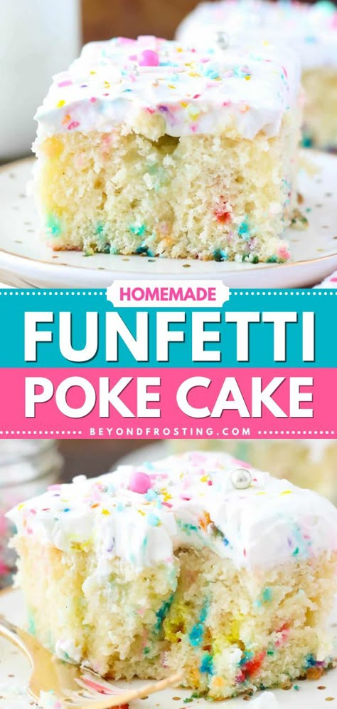 A simple dessert for birthdays! Not only is this Homemade Funfetti Poke Cake moist and loaded with colorful sprinkles, but it is also soaked in vanilla pudding and topped with cake batter whipped cream. Pin this delicious cake recipe for later! Funfetti Poke Cake, Moist Funfetti Cake, Recipes With Sprinkles, Funfetti Cake Mix Recipes, Funfetti Recipes, Cake Batter Recipes, Easy Birthday Cake, Creamy Cake, Moist Vanilla Cake