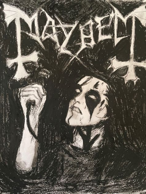 I tried to do a poster of mayhem {oil pastel and dry pastel } ( I know you don’t care about that 😂) Electric Mayhem Art, Black Metal Artwork, Metal Head Drawing, Pelle Ohlin Drawing, Black Metal Drawing, Metalhead Drawing, Metal Band Art, Mayhem Fanart, Mayhem Poster