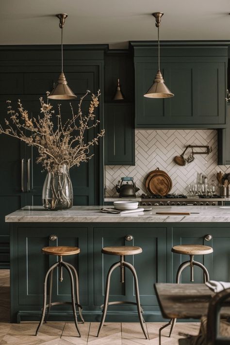 Hunter Green Cabinets, Hunter Green Kitchen Cabinets, Hunter Green Kitchen, Moody Farmhouse, Earthy Kitchen, Moody Kitchen, Dark Green Kitchen, Marble Herringbone, Farmhouse Kitchen Ideas