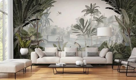 leafy green jungle with leopards wallpaper Pink Jungle Wallpaper, Birch Tree Wallpaper, Jungle Wall Mural, Jungle Mural, Floral Wallpapers, Latest Living Room Designs, Wallpaper Companies, Jungle Wallpaper, Style Lounge