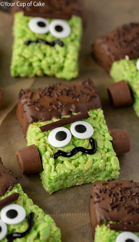 Frankenstein Rice Krispie Treats for Halloween - Your Cup of Cake Frankenstein Rice Krispie Treats, Cup Of Cake, Treats For Halloween, Halloween Rice Krispie Treats, Spooky Halloween Desserts, Cute Halloween Treats, Halloween School Treats, Halloween Food Appetizers, Fun Halloween Treats