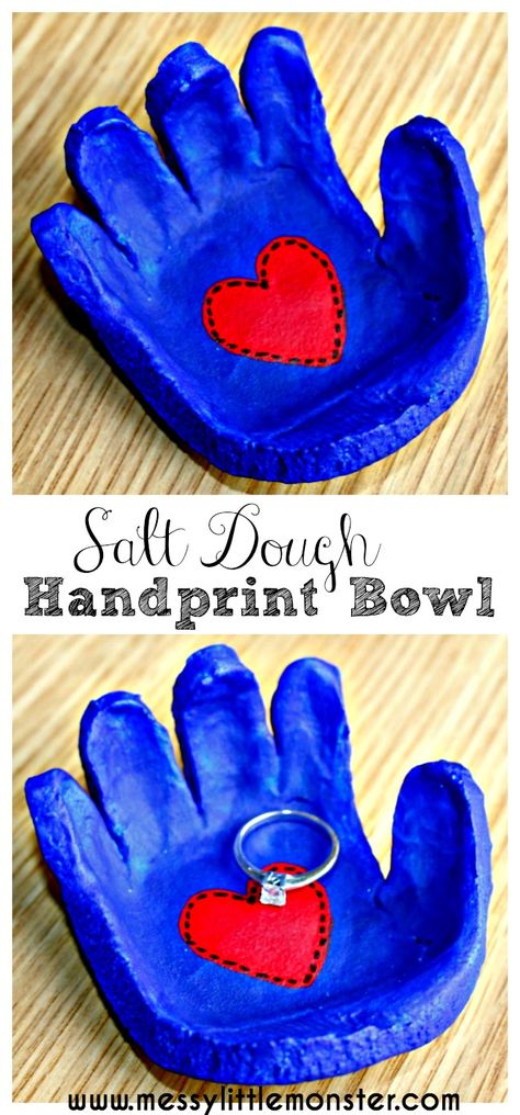 Salt dough handprint bowl keepsake. Follow our simple instructions to make a hand shaped dish from salt dough for rings, cufflinks, coins or keys. A great kid made gift idea for mothers day, fathers day, valentines day or christmas. Salt Dough Handprint, Salt Dough Crafts, Cadeau Parents, Mothers Day Crafts For Kids, Salt Dough, Fathers Day Crafts, Mothers Day Crafts, Hand Shapes, Valentine Day Crafts