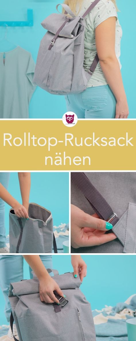 #RolltopRonja aus dem #DIYeuleBuch –Rolltop Rucksack nähen aus Outdoorstoff mit Reißverschluss. Schnittmuster und Nähanleitung von DIY Eule. Diy Bags No Sew, Backpack Sewing, Fabric Crafts Diy, Acrylic Bag, Rolltop Backpack, Diy Backpack, Backpack Pattern, Patterned Backpack, Shoulder Strap Bag